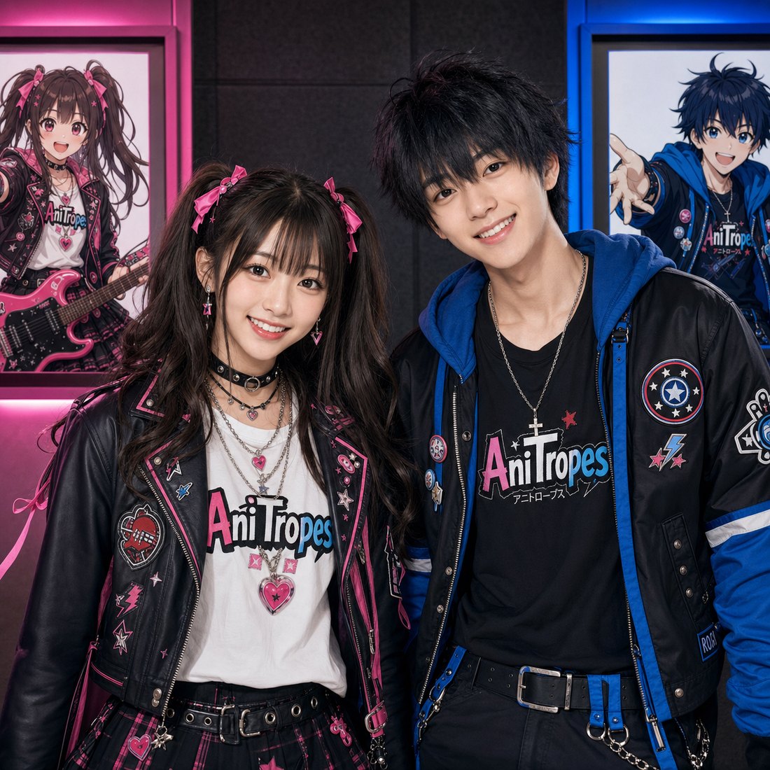 額装された二人のアニメ版ビジュアルを背に、AniTropes (アニトロープス) として微笑む Animeko (アニメ子) と Animeo (アニメ男)