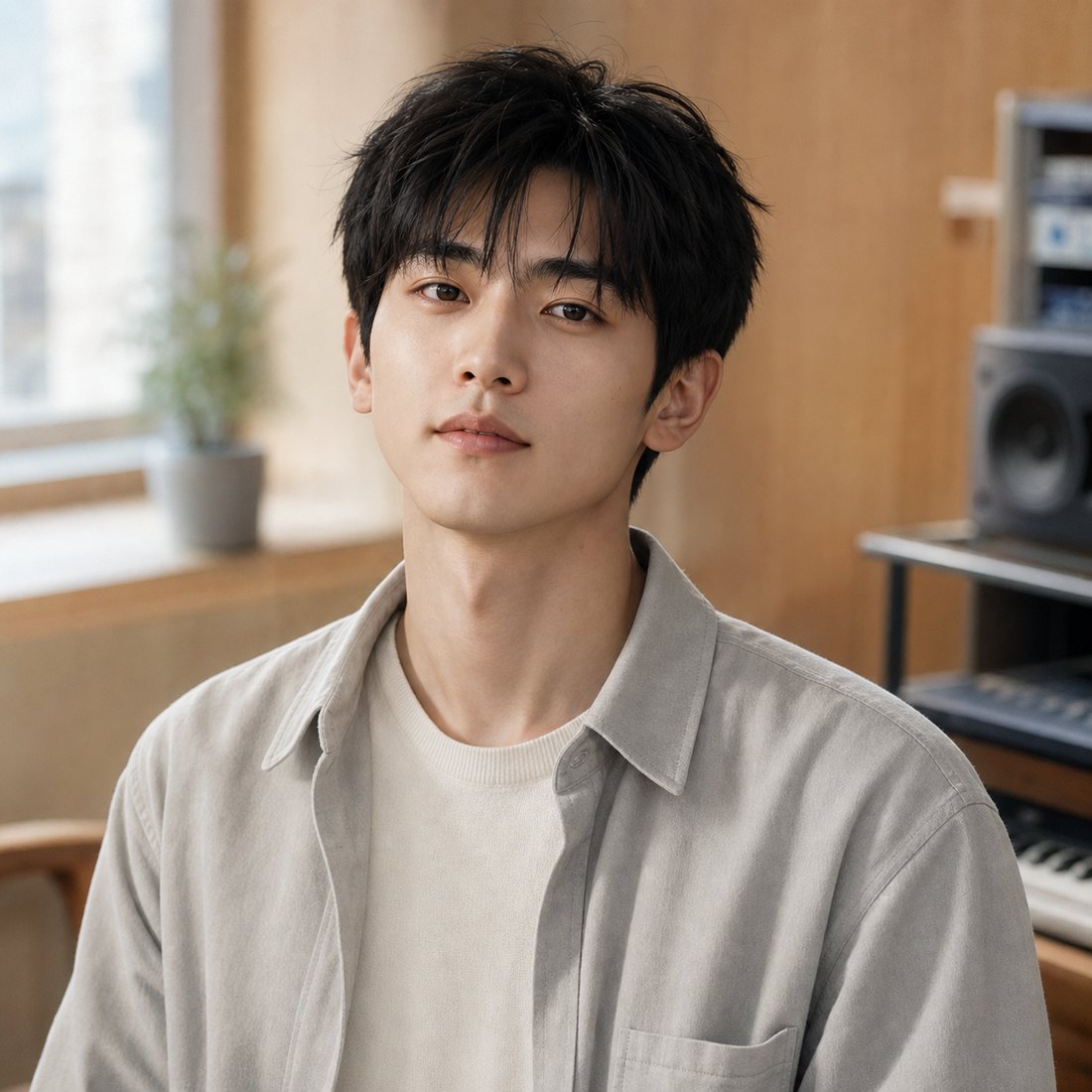 Auren Gu (顧承珩) in a light overshirt inside a warm recording lounge