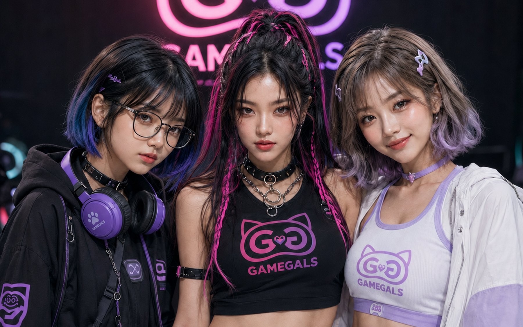 Aoi (アオイ / 아오이), Yeoni (연이) and Sena (세나) gathered beneath the GameGals (게임갤스) neon logo