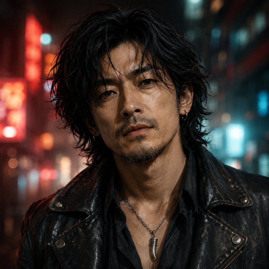 香港の雨に濡れたネオン街に立つ The Lone Wolf (狼40)