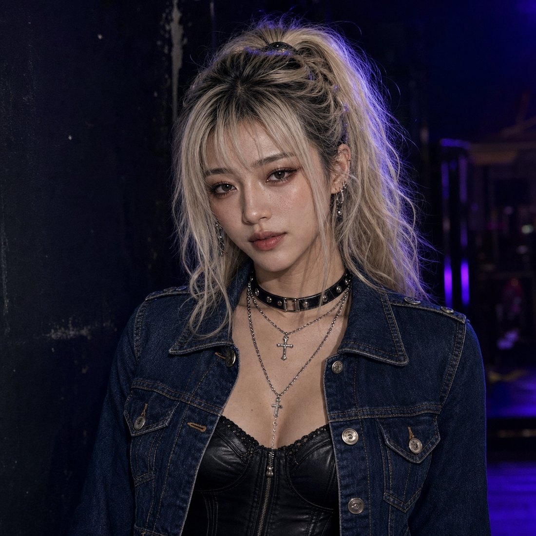 LU•NYX, a Chinese-American gothic techno-pop artist, backstage under violet stage light
