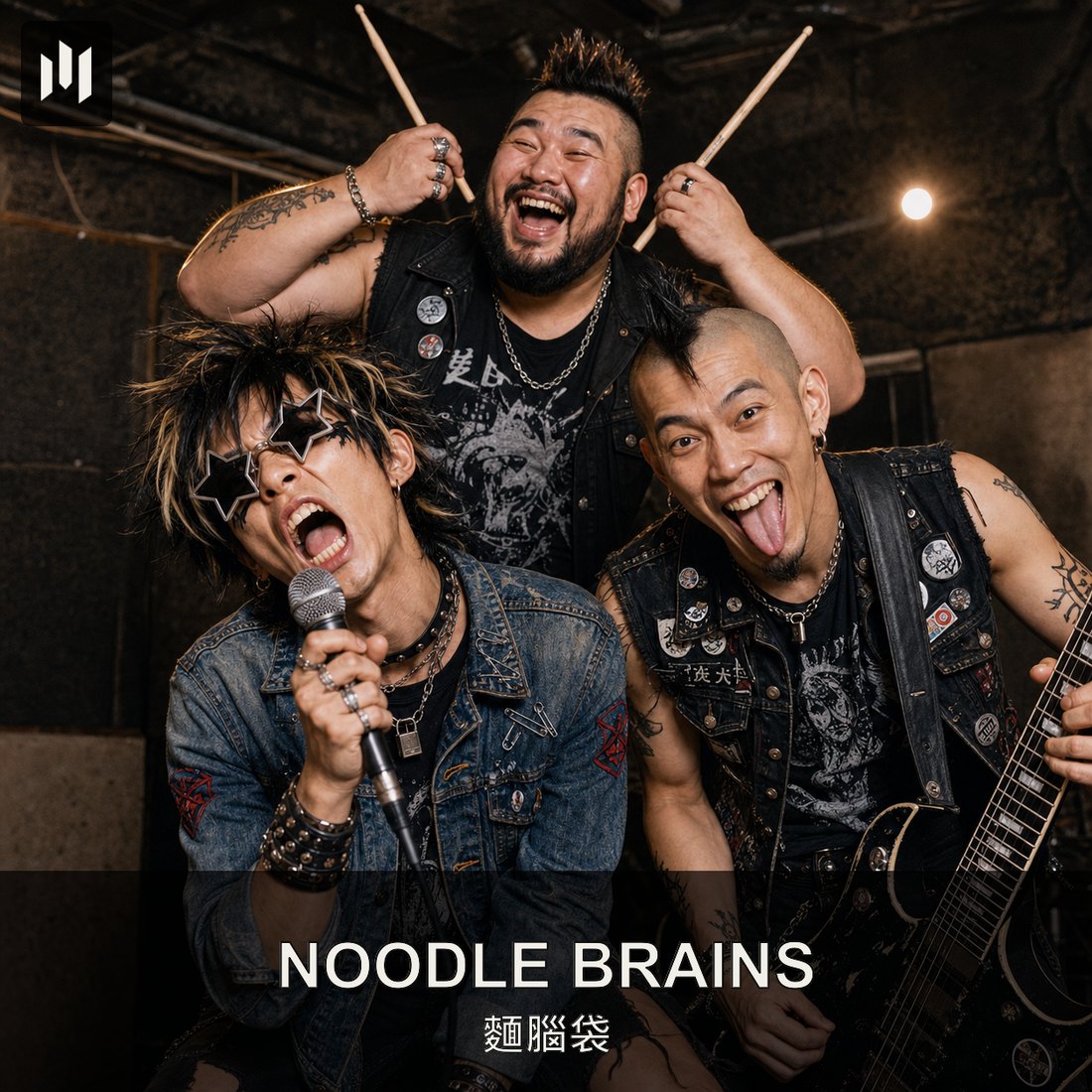 Noodle Brains (麵腦袋) として一緒に大笑いする Nightpin (夜釘)、Wildfret (野弦)、Big Ox (大牛)