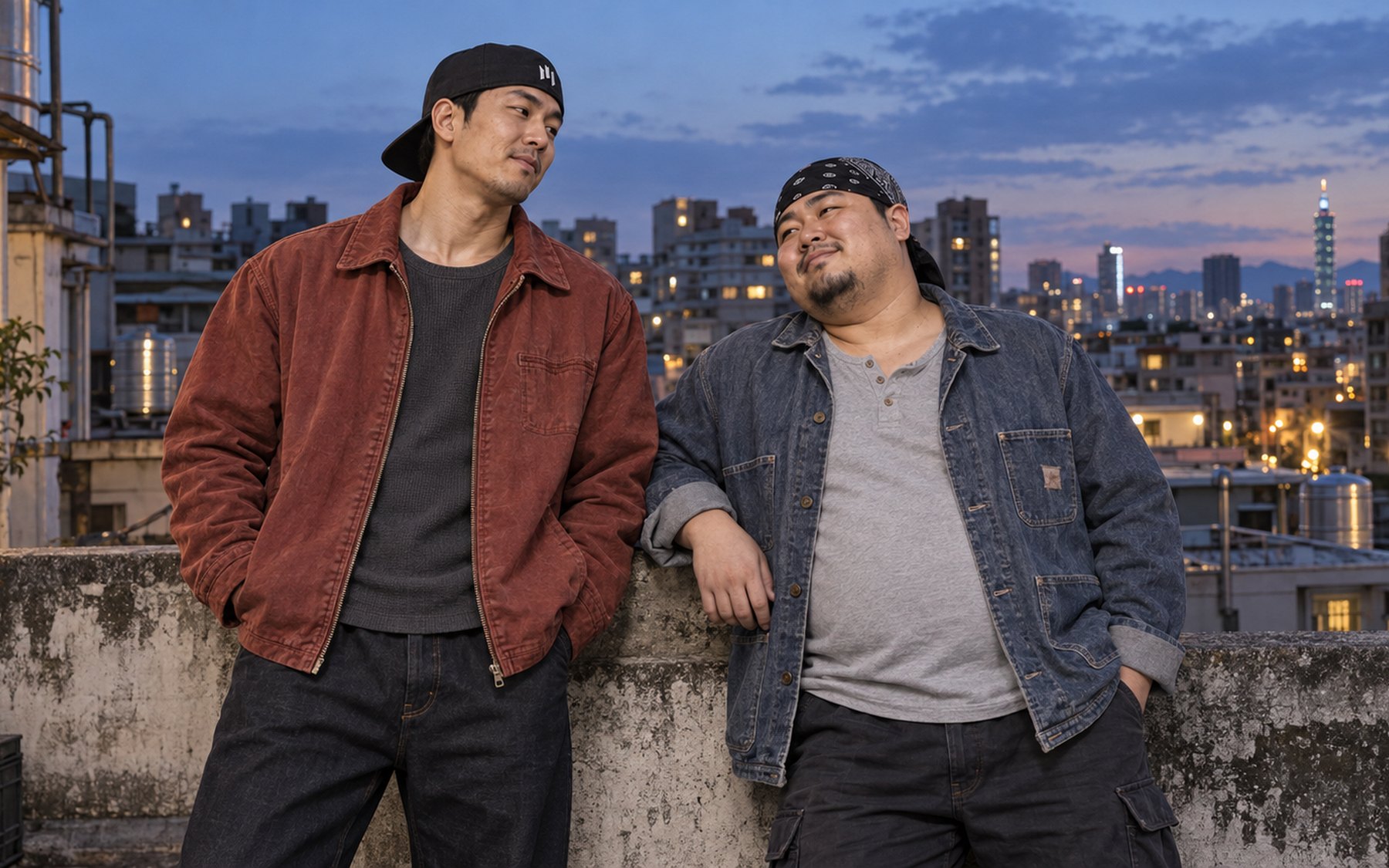 The Sandcastle Dynasty brothers sharing a quiet moment on a Taiwanese apartment rooftop at blue hour